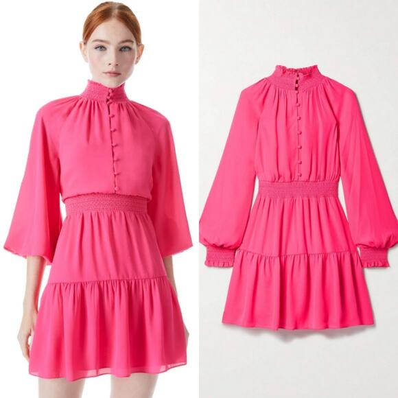 Alice + Olivia Lavania Blouson Sleeve Mini Dress in Wild Pink Smocked Waist US 8 - Picture 1 of 8